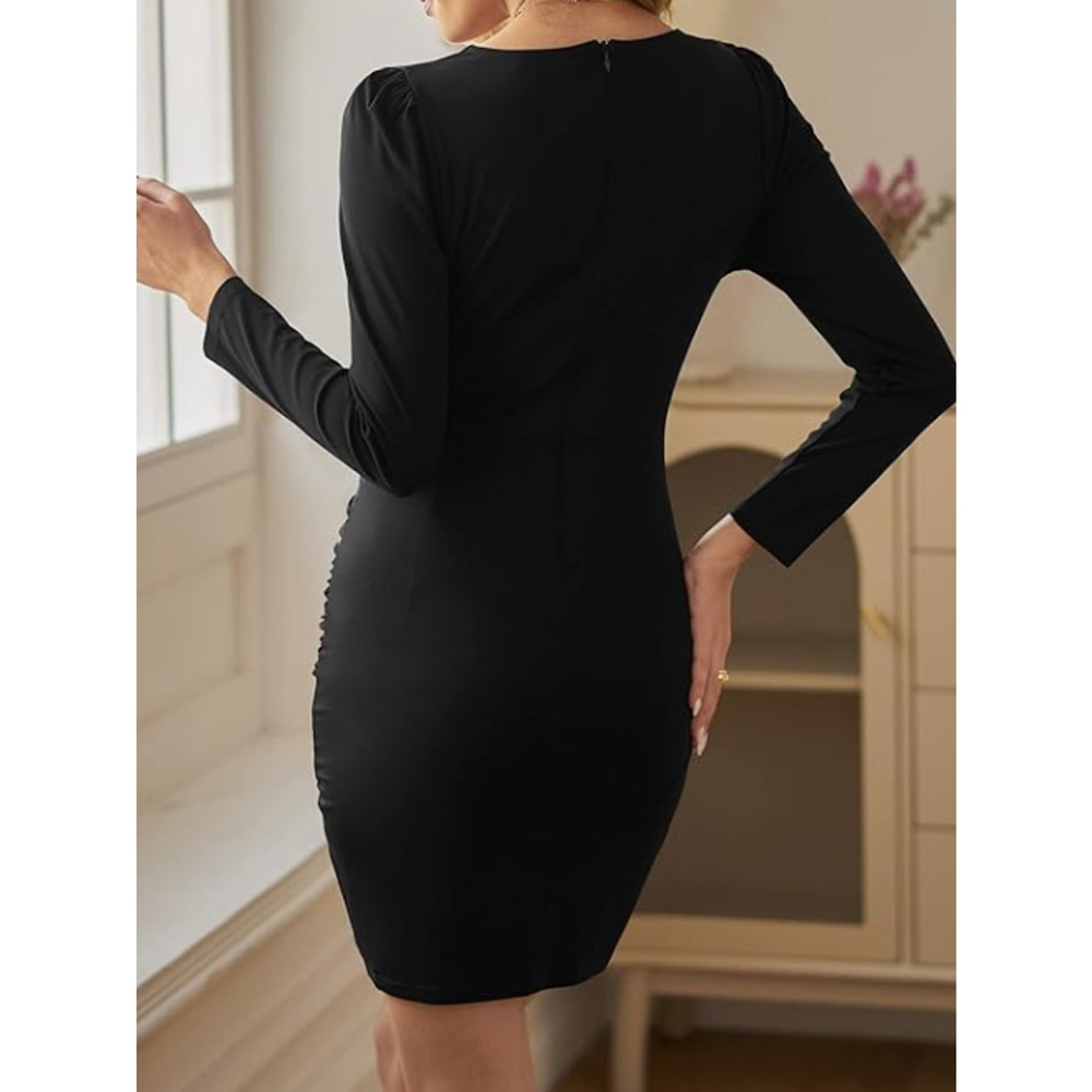 Sarin Mathews Deep V Neck Ruched Bodycon Long Sleeve Mini Dress Black NWT Size M - Picture 2 of 8